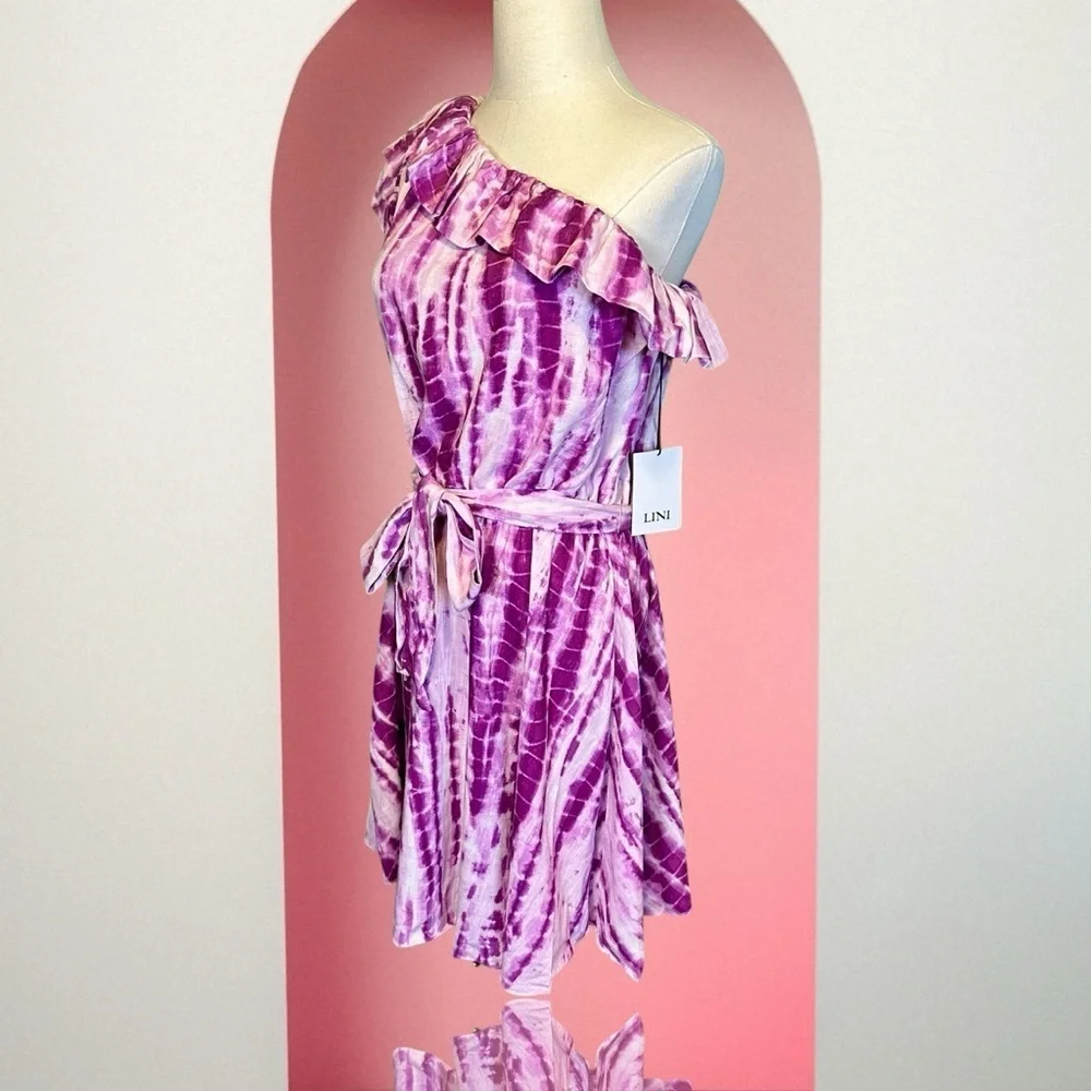 NWT LINI ‘Remi’ Ruffled Tie Dye Mini Dress in “Lavender & White” Size Small - Picture 5 of 15